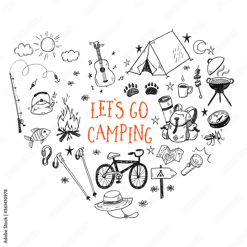 Lets Go Camping Vector Illustration With Hand Drawn Camp Doodles