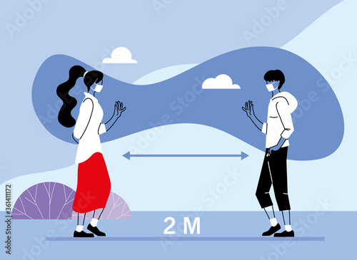 Social distancing between woman and man with masks vector design