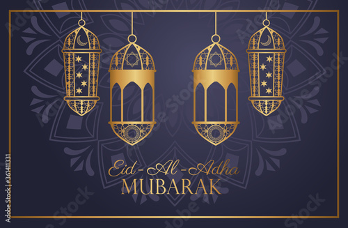 Eid Al Adha Mubarak celebration with golden lanterns hanging
