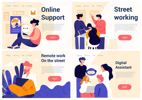 Set of four different work scenes showing people involved in Online Support, Street working, Remote Working on the Street and Digital Assistant, colored vector illustration
