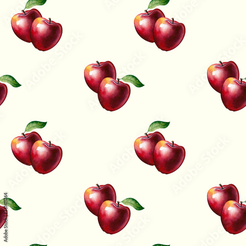 Red apple fruit seamless pattern on light background. For paper, cover, fabric, gift wrap, wall art, interior decoration. Simple surface pattern design. Hand drawn colored watercolor illustration