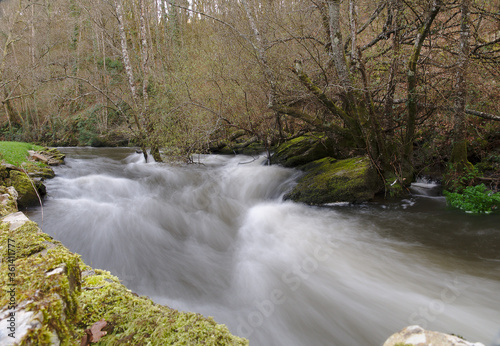 Streams and rapids of river in long exposure in Galicia