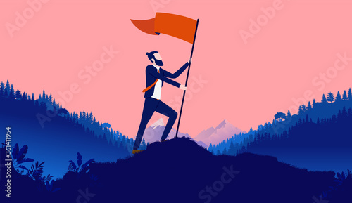 Successful business - Businessman planting waving flag outdoors in nature as a symbol of winning. Personal success, achievement, career goal, and conquer concept. Vector illustration. © Knut