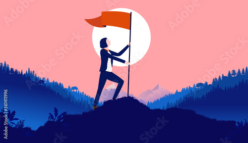 Woman raising flag on hilltop - Successful businesswoman planting waving flag outdoors in nature. female success, achievement, career goals, and conquer adversity concept. Vector illustration.