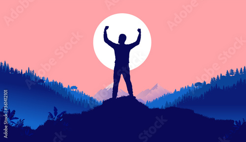 Prevail - Silhouette of man with raised hands in front of sun. Landscape, nature and mountains in background. Winner, conquer, mission accomplished concept. Vector illustration.
