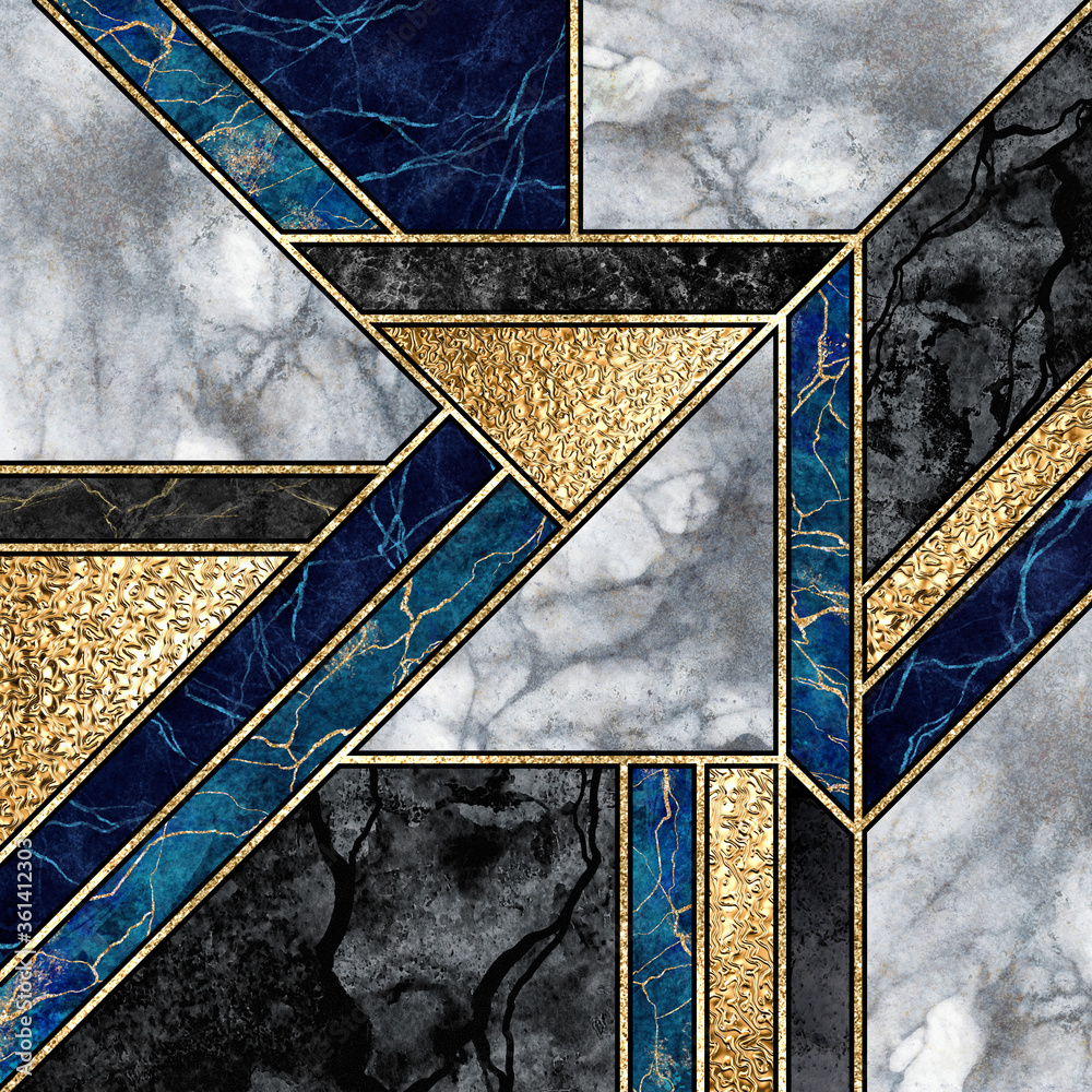 abstract marble mosaic background, art deco wallpaper, black white blue gold  marbled tile, geometrical fashion marbling illustration, artificial stone  texture Stock Photo | Adobe Stock