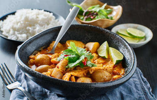 thai massaman curry with chicken and potatoes in bowl photo