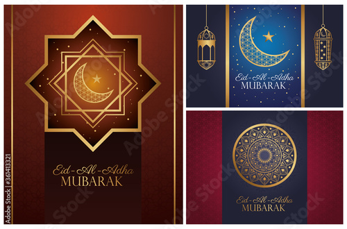 Eid Al Adha Mubarak celebration with golden set icons