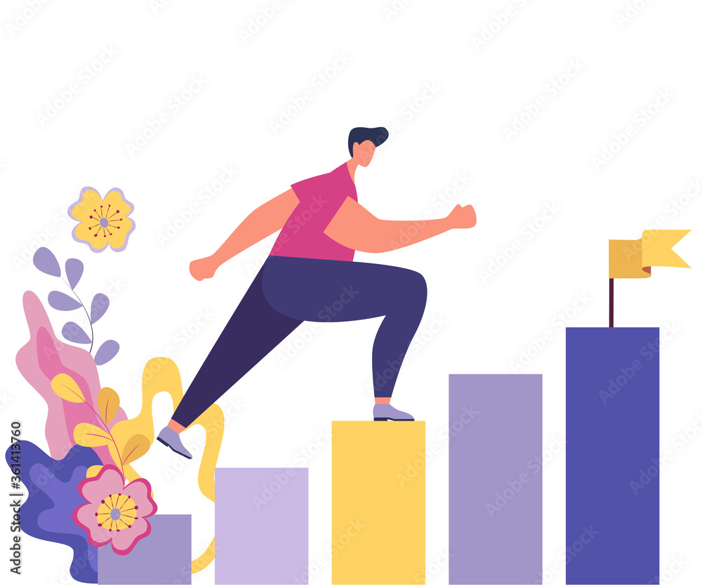 Vector illustration, people run to their goal on the column of columns, move up motivation, the path to the target's achievement.