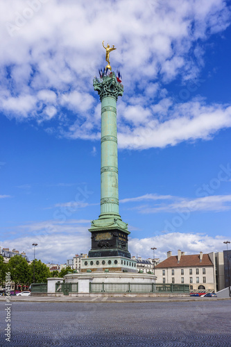 July Column (1840) at Bastille Square with gilded statue "Genie de la Liberte". Bastille Place is a square in Paris, where Bastille prison stood until "Storming of Bastille" during French Revolution.