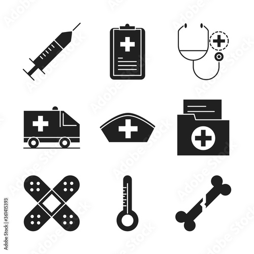 healthcare medical and hospital pictogram silhouette style icon s set