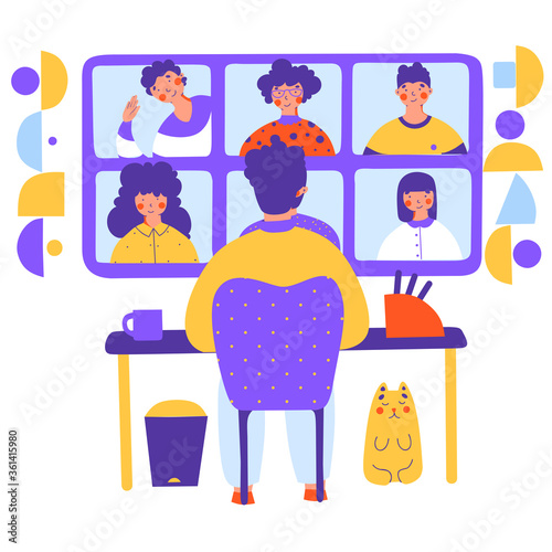 Working video chat, flat cartoon vector illustration. Business conference.