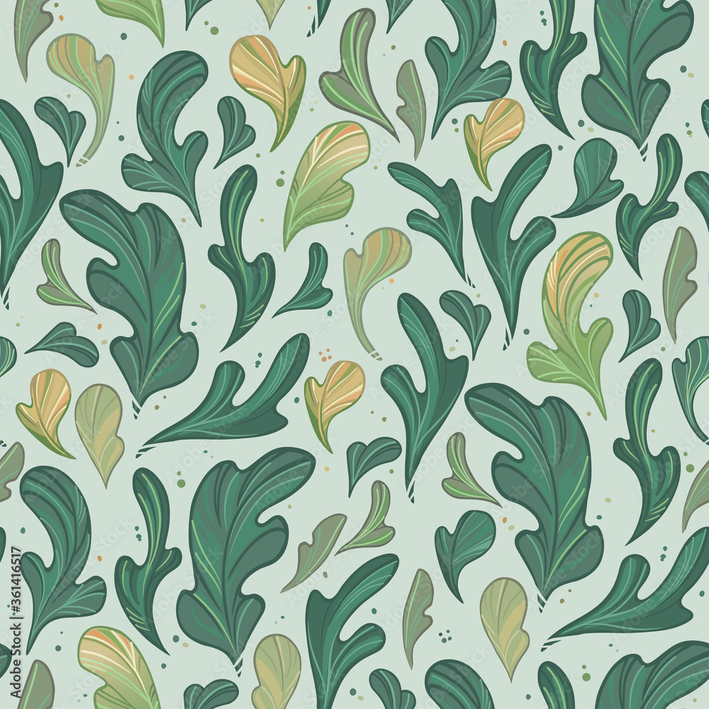 Foliage seamless pattern in various shades of green. Vector Background.