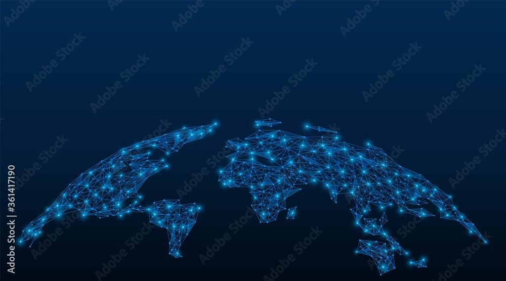 Network map of the world. Connection point. Low-poly design. Blue ...