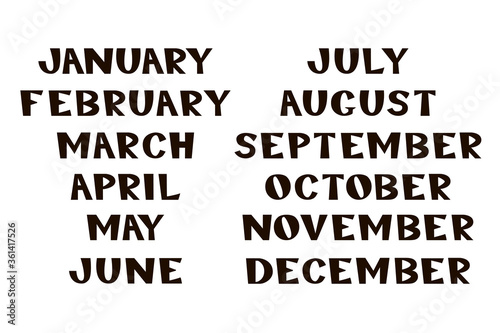 Month names of the year. Stamp style lettering for your calendar designs, stickers, printing, decor. 