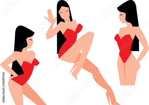Silhouette of show girl stripper in combo in sexy poses abstract flat illustration
