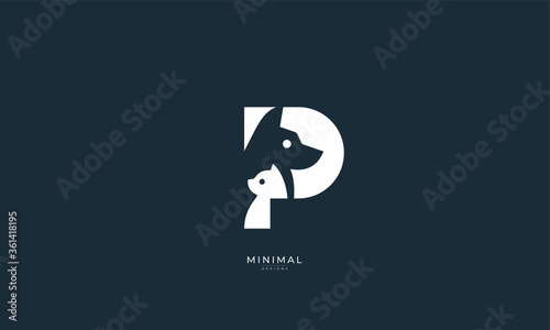 A creative abstract icon logo of a hidden  DOG and CAT in the letter P. Pet dog and cat logo
