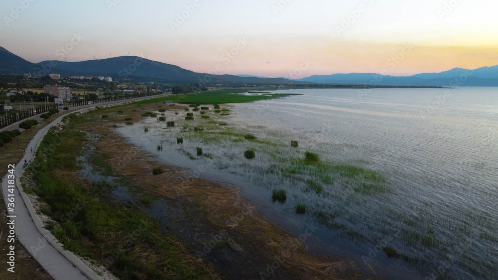 Shore view of Lake Beysehir from a drone 