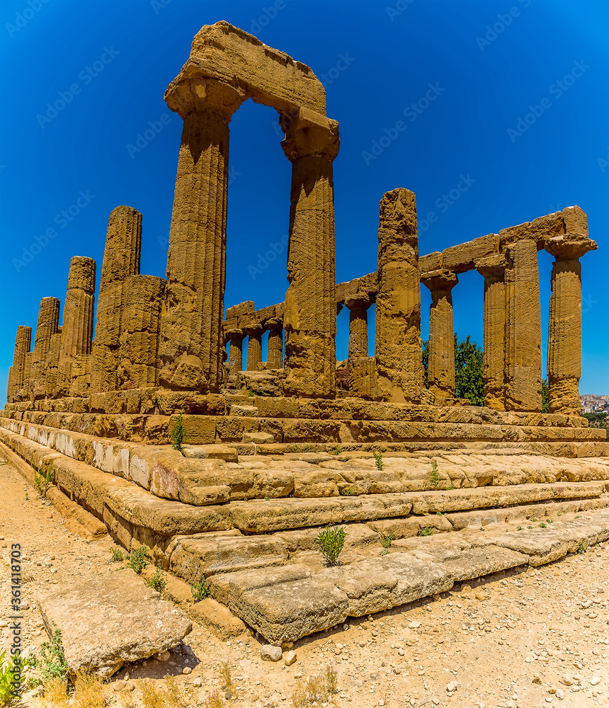 A perspective view of the Temple of Juno in the ancient Sicilian city of Agrigento in summer