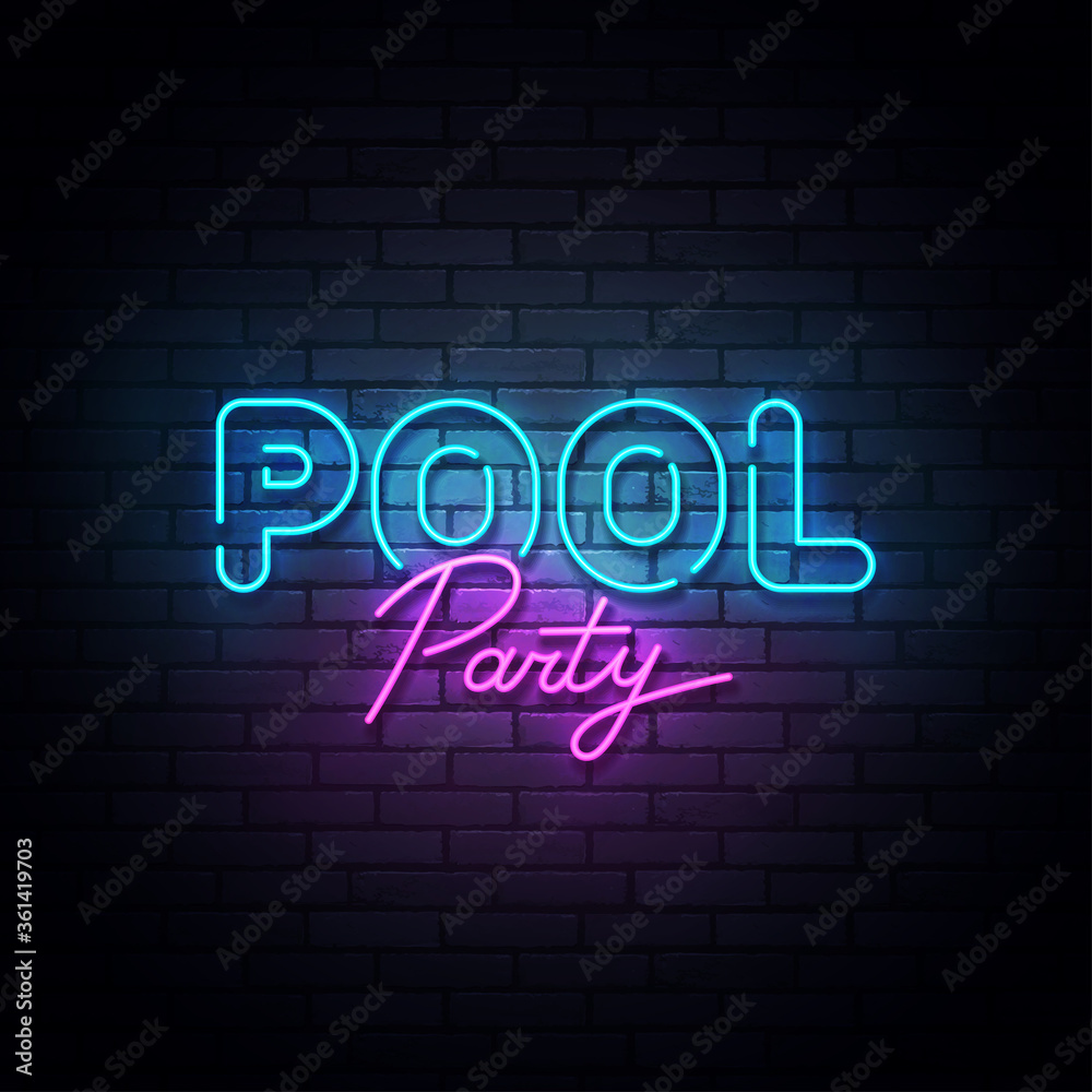 Pool Party neon sign, bright signboard, light banner. Pool Party logo