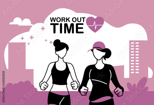 women avatars running and work out time vector design