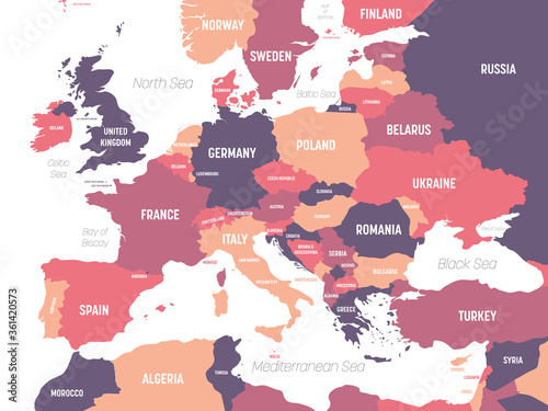 Europe map. High detailed political map of european continent with country, ocean and sea names labeling