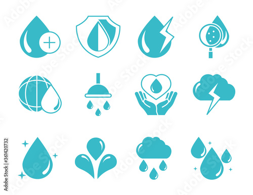 water drops nature liquid save environment, drink, blue silhouette style icons set
