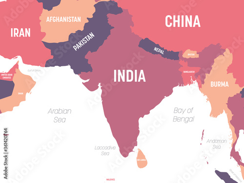 South Asia map. High detailed political map of southern asian region and Indian subcontinent with country, ocean and sea names labeling