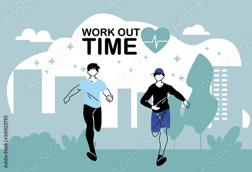 men avatars running and work out time vector design