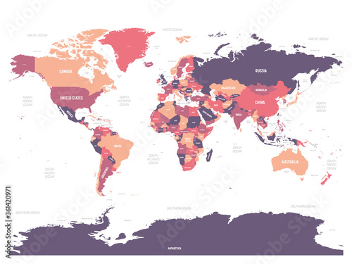 Fototapeta Naklejka Na Ścianę i Meble -  World map. High detailed political map of World with country, ocean and sea names labeling