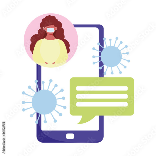 social distancing, smartphone woman with protective mask chatting, covid 19 coronavirus