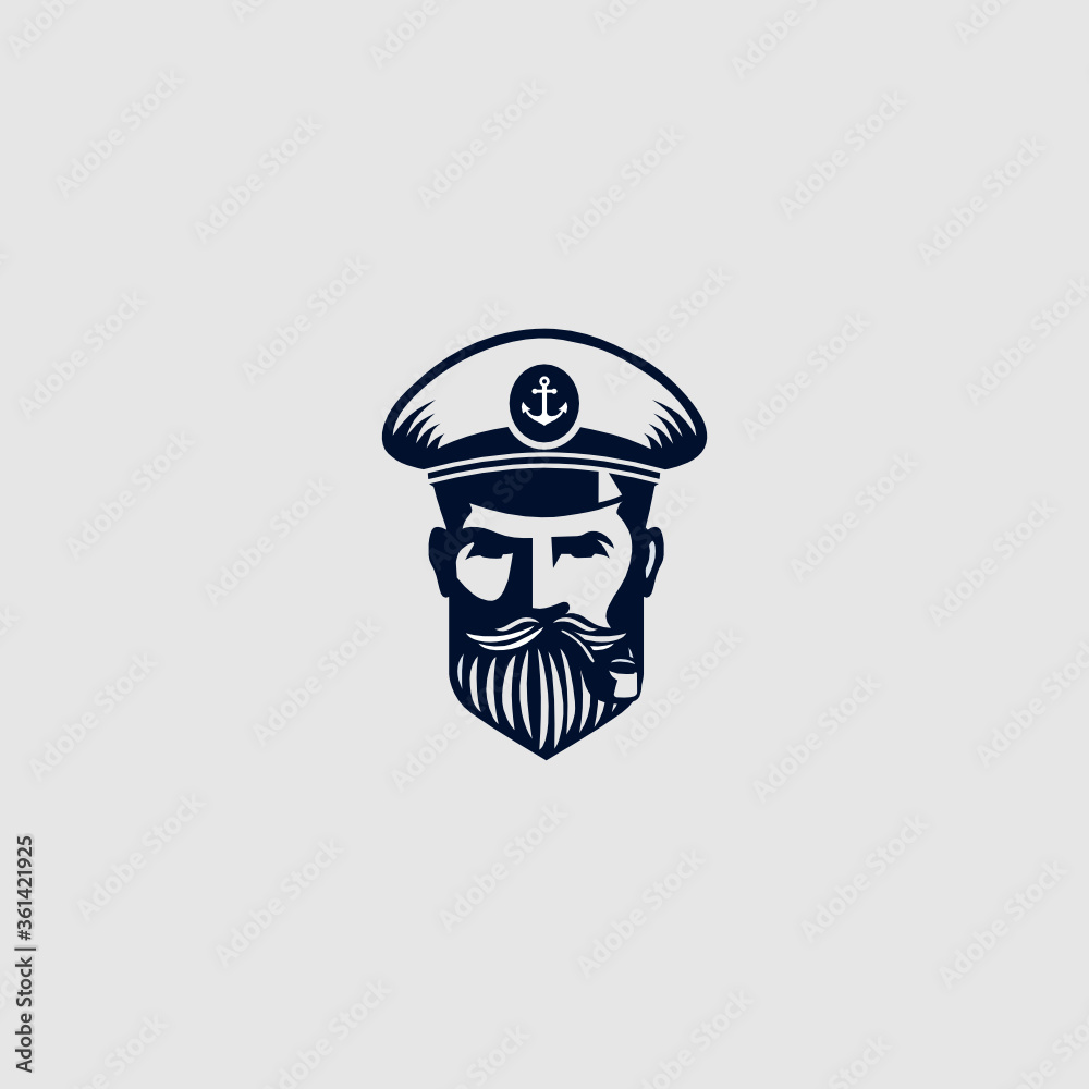 head captain smoking cigarette Vector Logo concept. Seafarer Symbol. Skipper in a Hat Emblem. Bearded Seaman face Sign. Isolated.