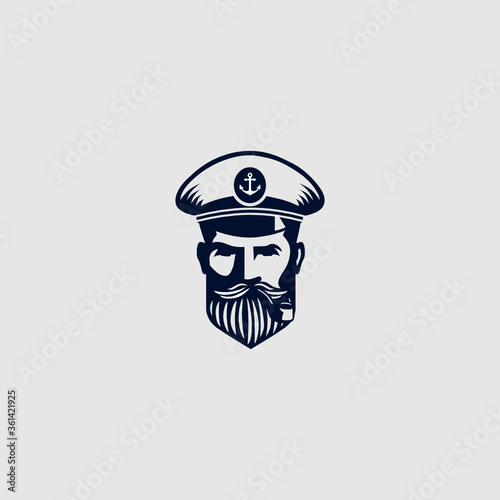 head captain smoking cigarette Vector Logo concept. Seafarer Symbol. Skipper in a Hat Emblem. Bearded Seaman face Sign. Isolated.
