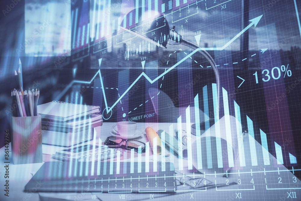 Double exposure of stock market graph drawing and office interior background. Concept of financial analysis. Double exposure of stock market graph drawing and office interior background. Concept of financial analysis.