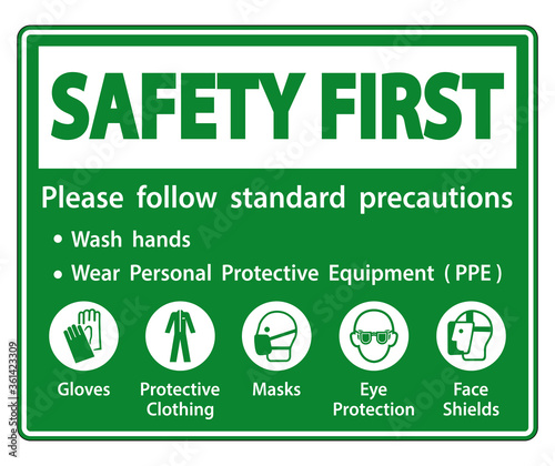 Safety First Please follow standard precautions ,Wash hands,Wear Personal Protective Equipment PPE,Gloves Protective Clothing Masks Eye Protection Face Shield