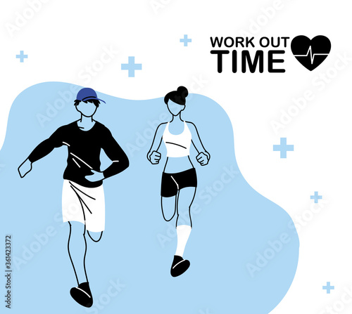 Man and woman avatar running and work out time vector design