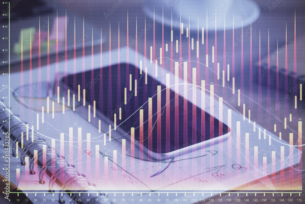 Double exposure of forex chart drawing and cell phone background. Concept of financial data analysis Double exposure of forex chart drawing and cell phone background. Concept of financial data analysis