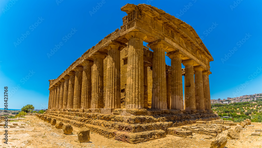 A perspective view of the Temple of Concordia in the ancient Sicilian city of Agrigento in summer