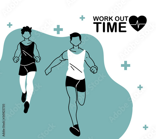 men avatars running and work out time vector design
