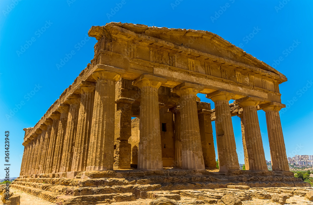 A close up perspective view of the Temple of Concordia in the ancient Sicilian city of Agrigento in summer