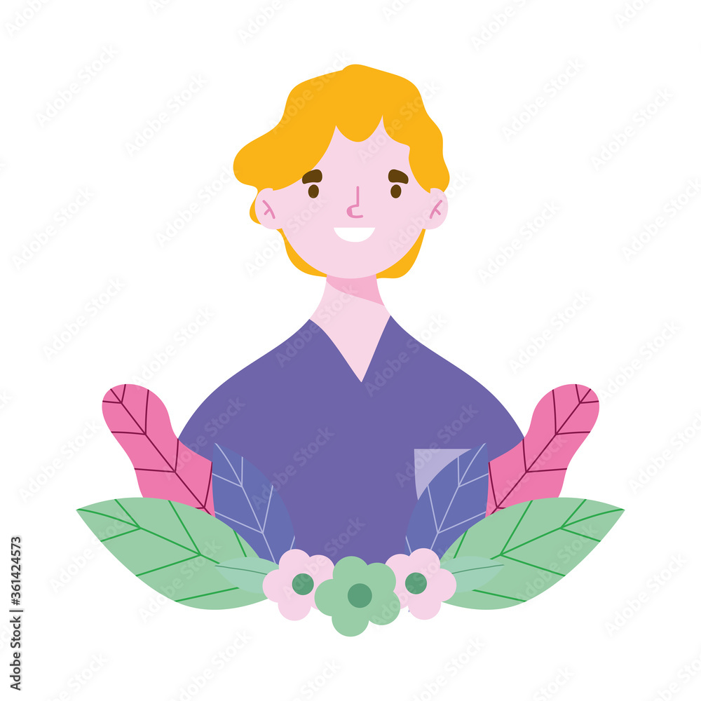 young man flowers foliage botanical cartoon isolated icon design white background young man flowers foliage botanical cartoon isolated icon design white background