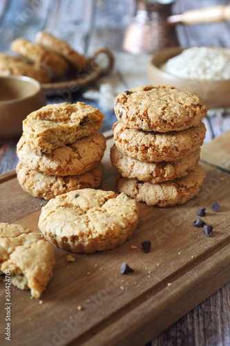 Oatmeal cookies with chocolate drops, cezve and coffee