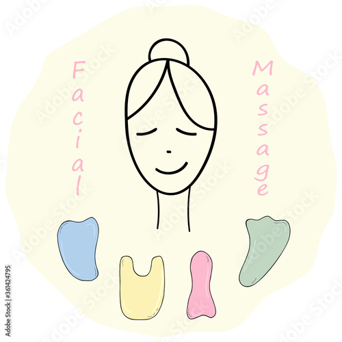 Tools for guasha massage. Vector set with facial massage scrapers. Woman face. Spa salon procedure. Face and body care.