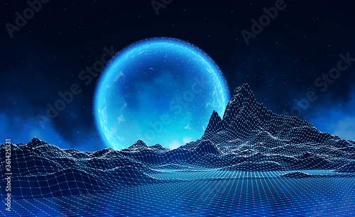 Abstract digital landscape with particles dots and stars on horizon. Wirefram...