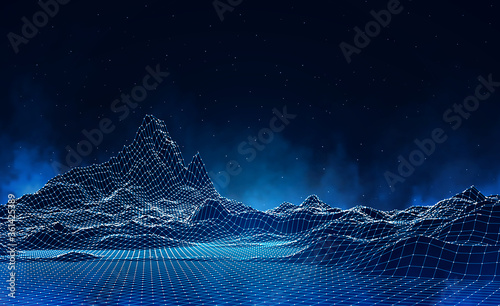 Abstract digital landscape with particles dots and stars on horizon. Wireframe landscape background. Big Data. 3d futuristic vector illustration. 80s Retro Sci-Fi Background