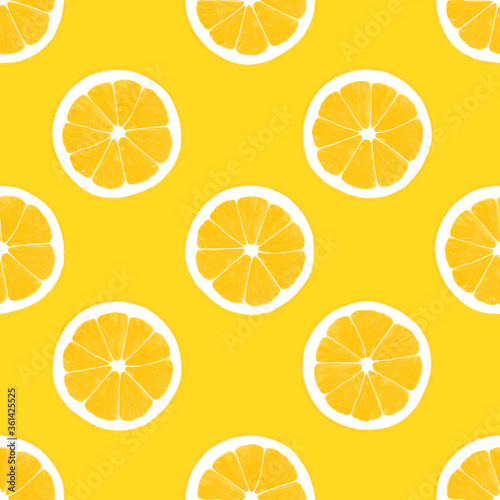 Illustrated seamless pattern with lemons fruit slices Juicy lemon's halves on a bright yellow background