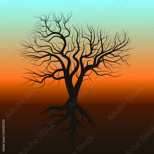 Tree silhouette. Branches and roots. Vector illustration