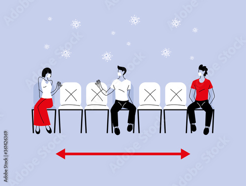 Social distancing between woman and men with masks on chairs vector design