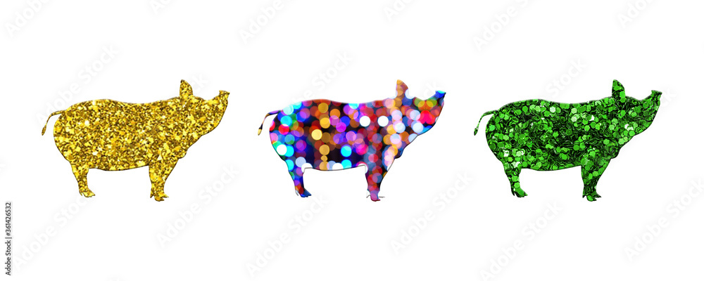 Pig green glitter isolated on white background, farmer vintage animal illustration	
