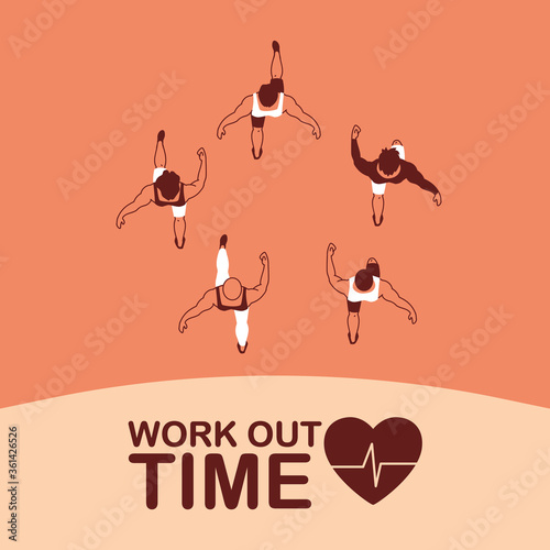 men avatars running and work out time top view vector design